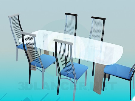 3d model Glass dining table with chairs on a metal framework - preview 3d model Glass dining table with chairs on a metal framework - preview