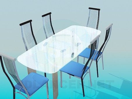 3d model Glass dining table with chairs on a metal framework - preview 3d model Glass dining table with chairs on a metal framework - preview