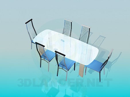 3d model Glass dining table with chairs on a metal framework - preview 3d model Glass dining table with chairs on a metal framework - preview