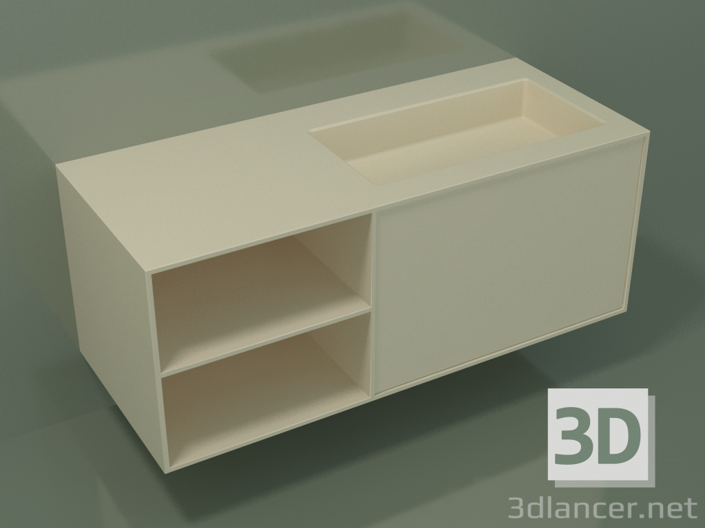 3D Modell Waschbecken mit Schublade und Fach (06UC734D2, Knochen C39, L 120, P 50, H 48 cm) - Vorschau