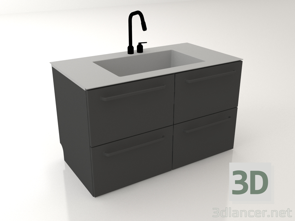 3d model Fregadero grande y cuatro cajas para clasificar basura 120 cm (negro) - vista previa