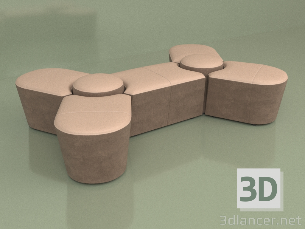 Modelo 3d Molécula de 5 lugares em pufe de sofá (veludo de couro) - preview