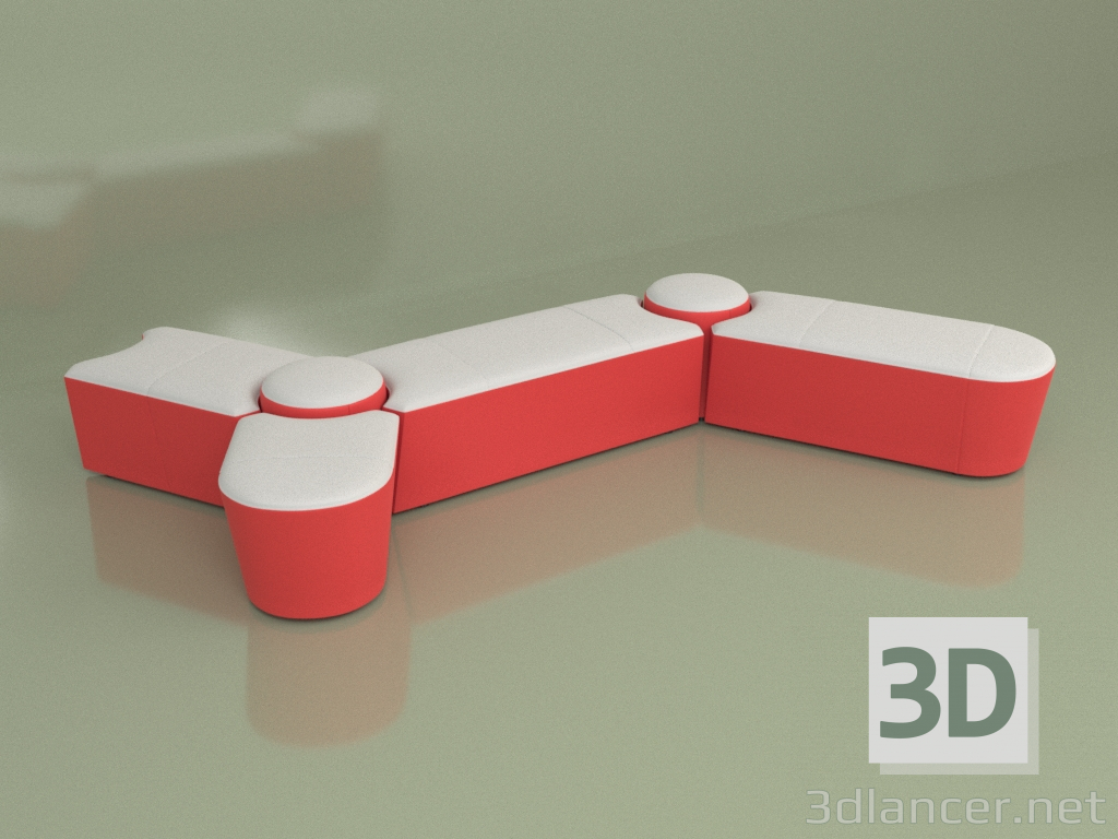 Modelo 3d Molécula de pufe de sofá de 6 lugares (couro branco-vermelho) - preview