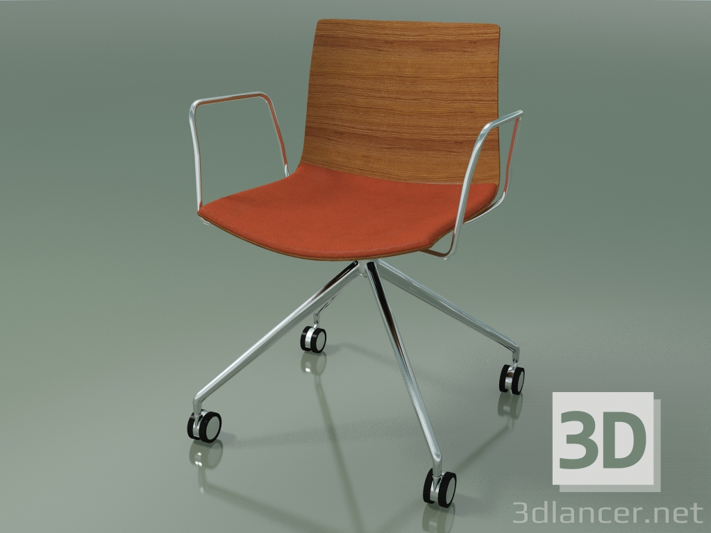 3d model Chair 0290 (4 castors, with armrests, LU1, with seat cushion, teak effect) - preview
