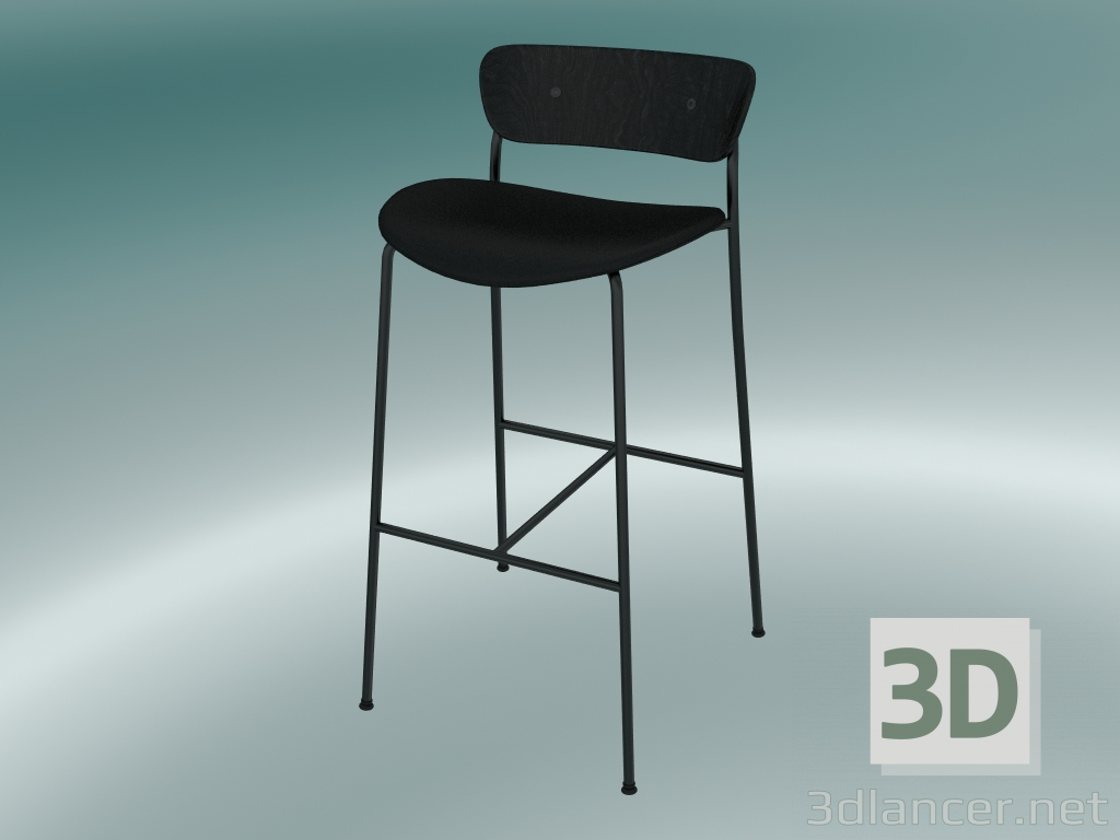 modèle 3D Tabouret de bar Pavilion (AV10, H 95cm, 50x52cm, Chêne teinté noir, Cuir - Soie noire) - preview