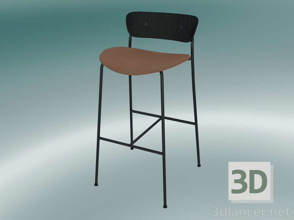 modèle 3D Tabouret de bar Pavilion (AV10, H 95cm, 50x52cm, Chêne teinté noir, Cuir - Soie Cognac) - preview