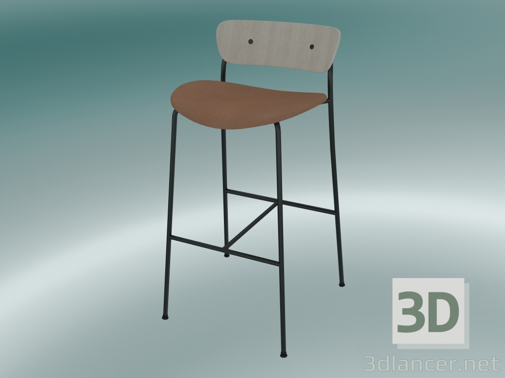 modèle 3D Tabouret de bar Pavilion (AV10, H 95cm, 50x52cm, Chêne laqué, Cuir - Soie Cognac) - preview