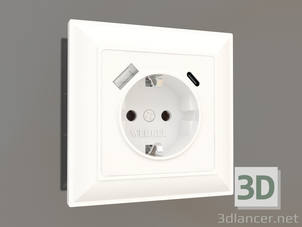 3D Modell Steckdose mit Erdung und USB Typ A + C (weiß glänzend) - Vorschau
