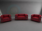 Красный кожаный диван + 2 кресла