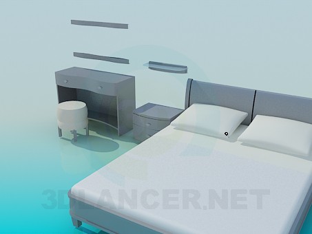 3d model Bed, bedside tables and vanity set - preview 3d model Bed, bedside tables and vanity set - preview