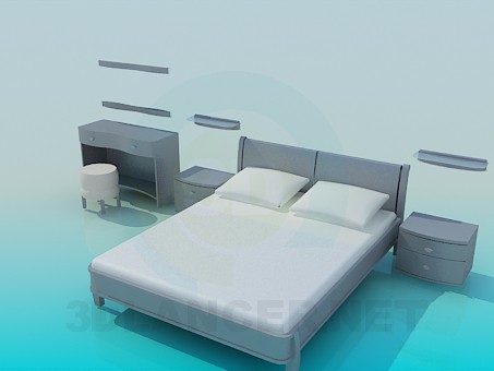 3d model Bed, bedside tables and vanity set - preview 3d model Bed, bedside tables and vanity set - preview