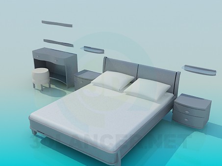 3d model Bed, bedside tables and vanity set - preview 3d model Bed, bedside tables and vanity set - preview