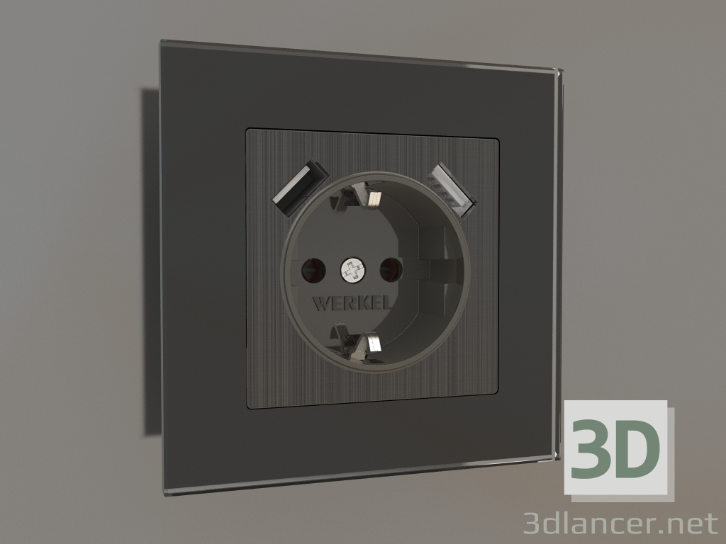 modello 3D Presa con messa a terra e 2 USB tipo A (bronzo) - anteprima