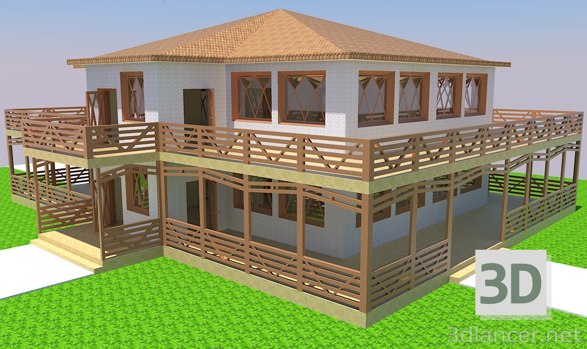 modello 3D casa a due piani - anteprima