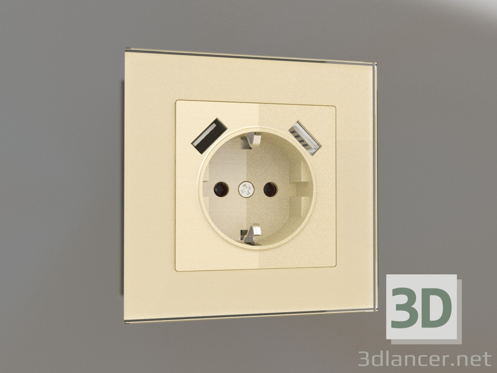 3d model Socket with grounding and 2 USB type A (champagne) - preview