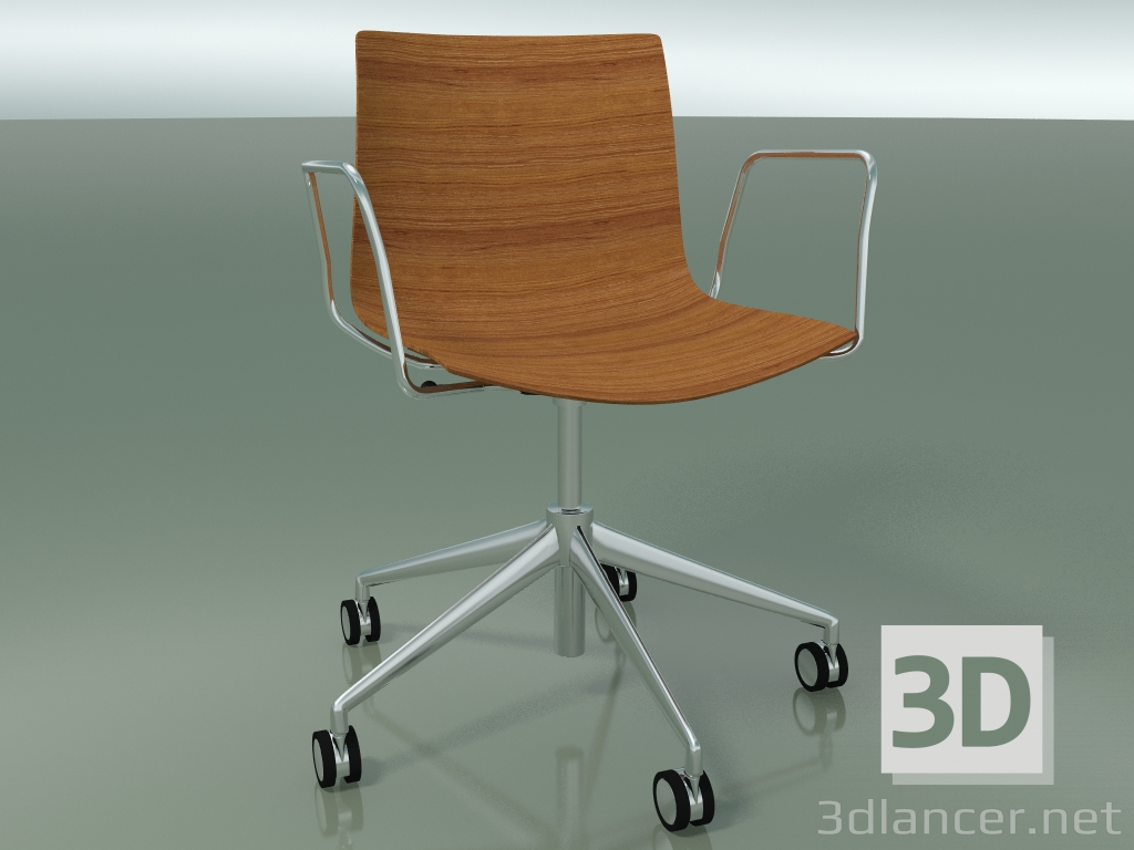 3D Modell Stuhl 0352 (5 Räder, mit Armlehnen, LU1, ohne Polsterung, Teak-Effekt) - Vorschau
