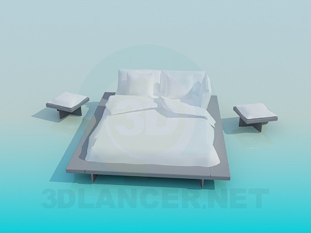 3d model Cama matrimonial con mesas de - vista previa