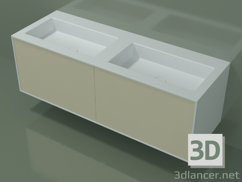 3D Modell Waschbecken mit Schubladen (06UC83421, Knochen C39, L 144, P 50, H 48 cm) - Vorschau