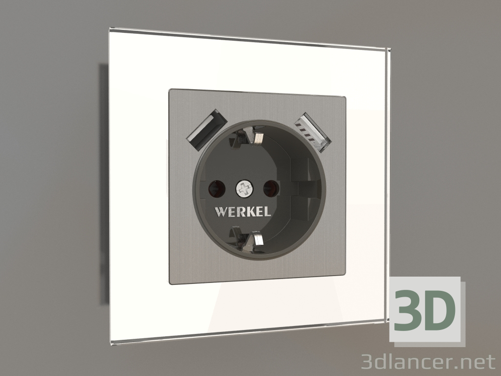 3d model Socket with grounding and 2 USB type A (brushed nickel) - preview