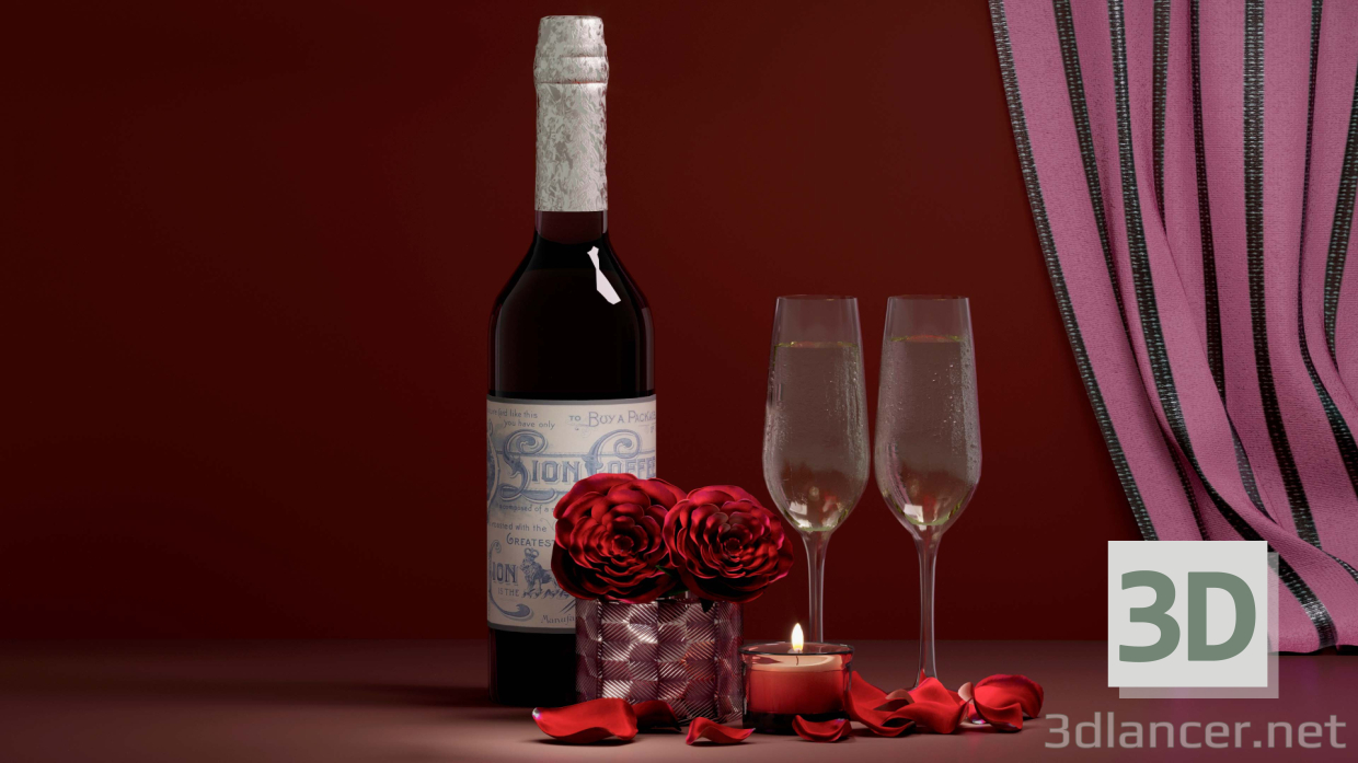 3d Roses and wine model buy - render