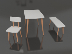 Tavolo, sedia e panca per bambini con gambe in legno