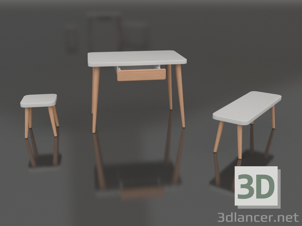 3d model Table with drawer + bench + stool - preview