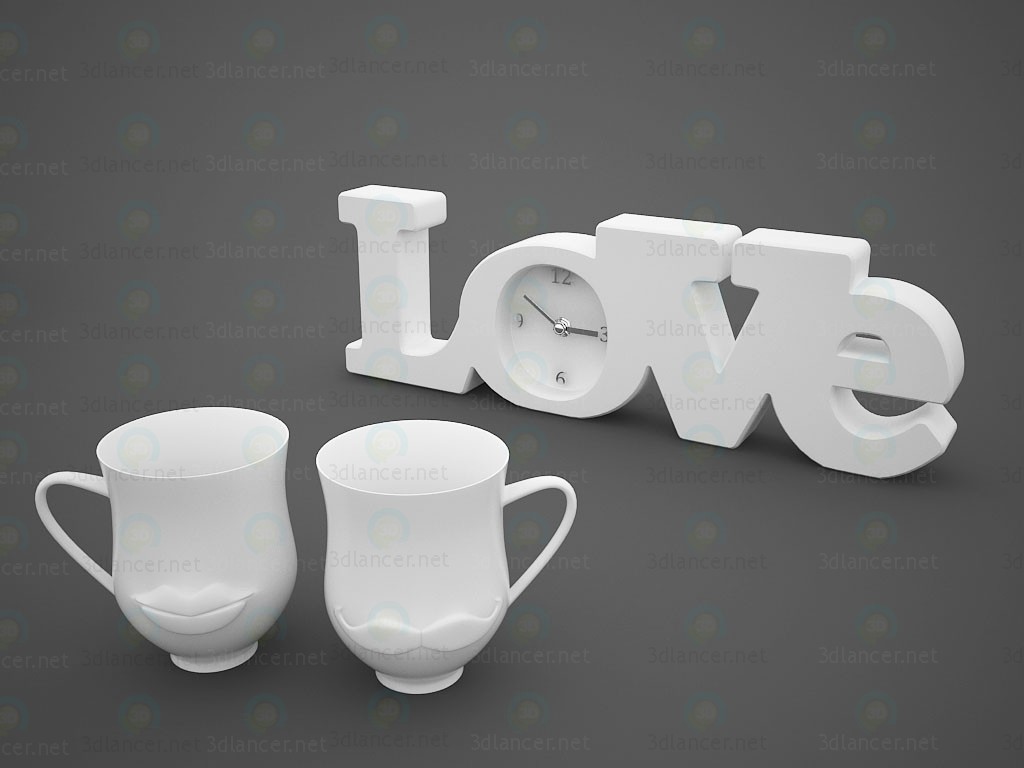 modelo 3D Reloj de decoración amor y tazas (+ bigote labio) - escuchar modelo 3D Reloj de decoración amor y tazas (+ bigote labio) - escuchar