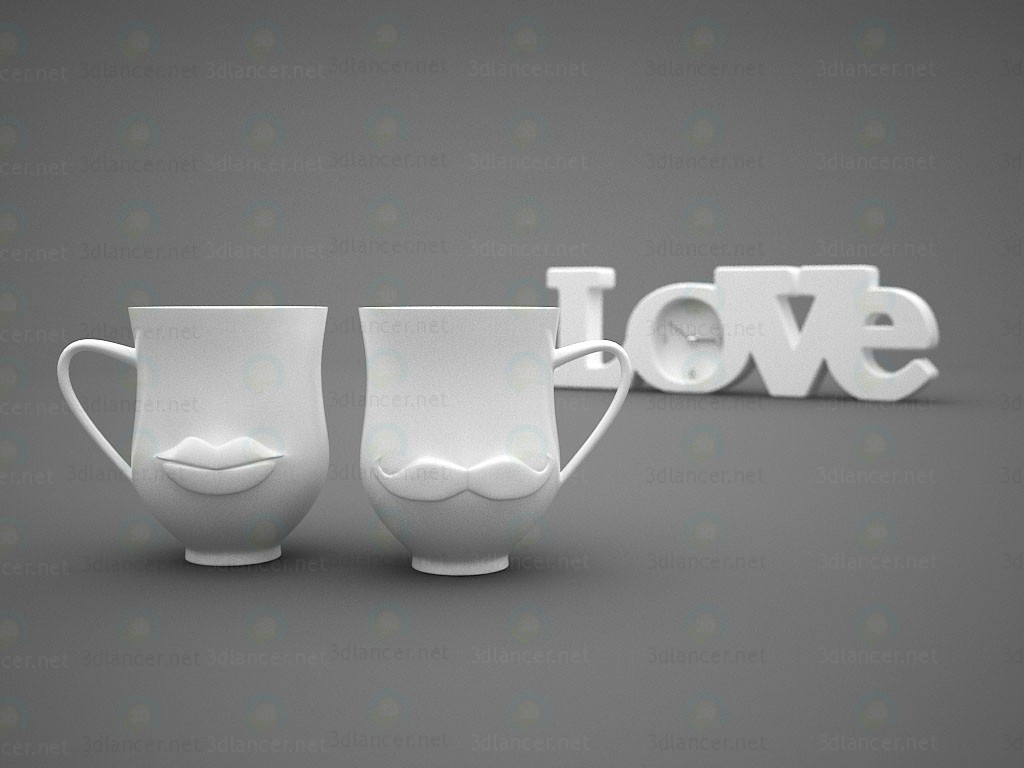 modelo 3D Reloj de decoración amor y tazas (+ bigote labio) - escuchar modelo 3D Reloj de decoración amor y tazas (+ bigote labio) - escuchar