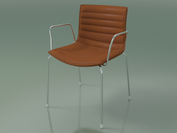 Stuhl 0310 (4 Beine mit Armlehnen und abnehmbarer Lederausstattung + Bezug mit Streifen, Chrom)