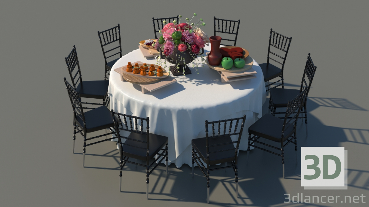 modèle 3D Table à manger couverte avec chaises - preview