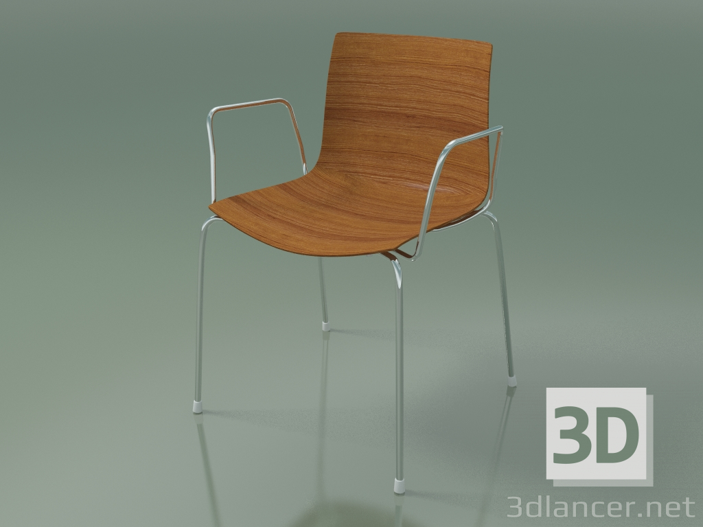modello 3D Sedia 0351 (4 gambe con braccioli, effetto teak) - anteprima