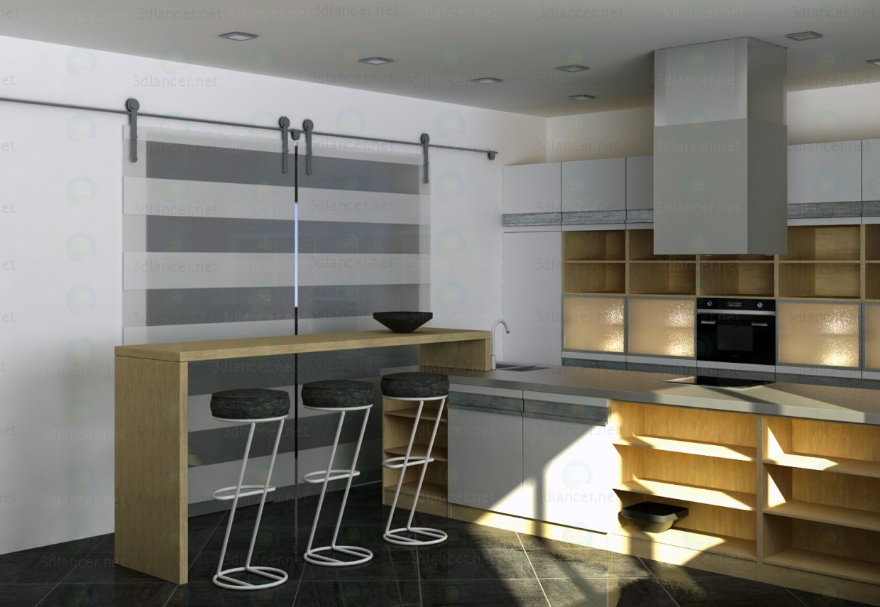 3d Кухня с островом, современный минималистский стиль модель купить - ракурс