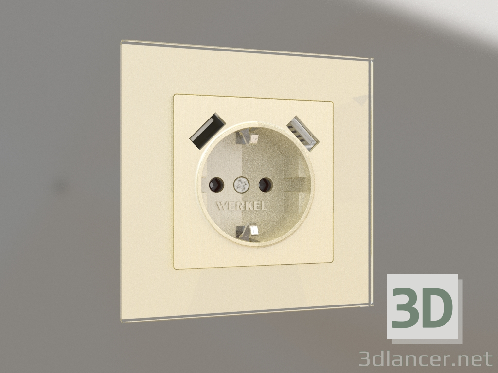 3d model Socket with grounding and 2 USB type A (champagne corrugated) - preview
