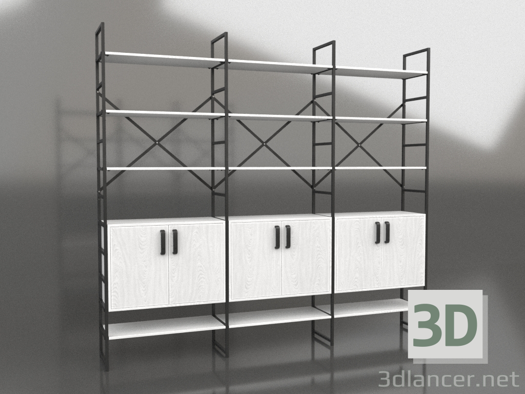 modello 3D Scaffale con ante (3 sezioni) - anteprima