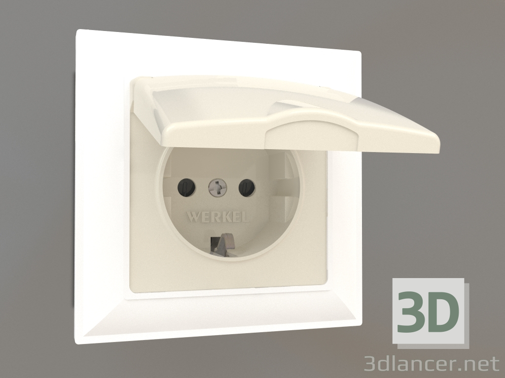 3d model Socket with moisture protection, with earthing, with a protective cover and shutters (ivory) - preview