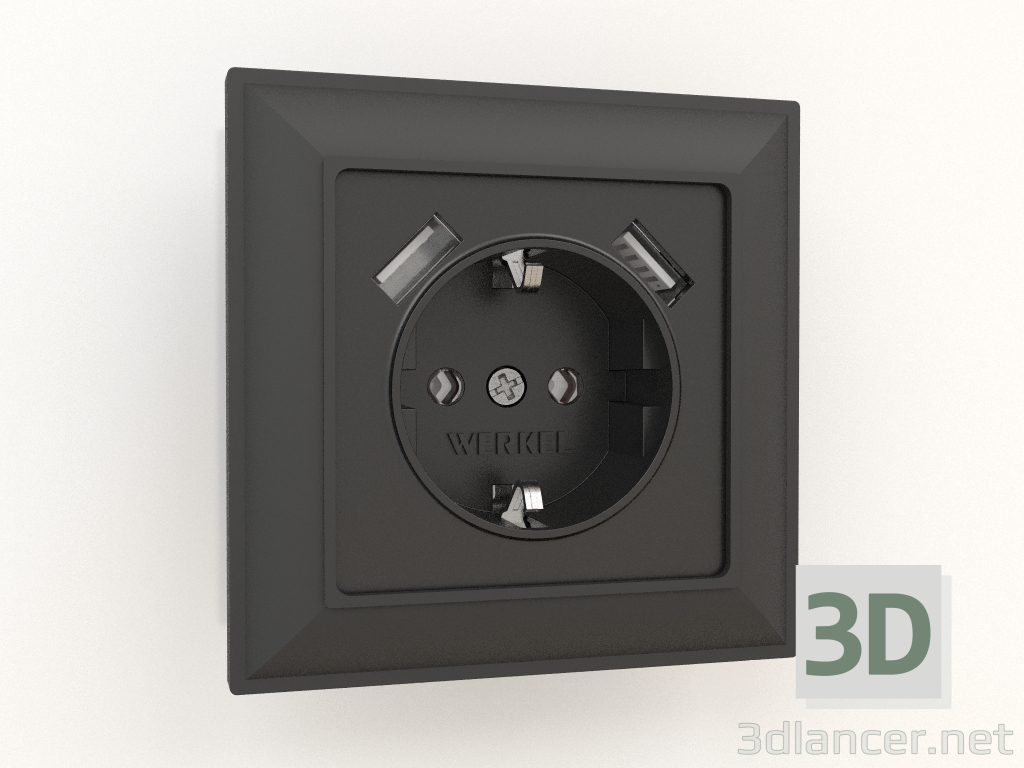modèle 3D Prise avec mise à la terre et 2 USB type A (noir mat) - preview