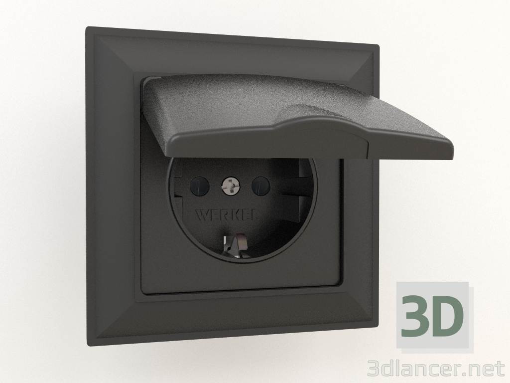 3d model Socket with moisture protection, with grounding, with a protective cover and shutters (black matte) - preview