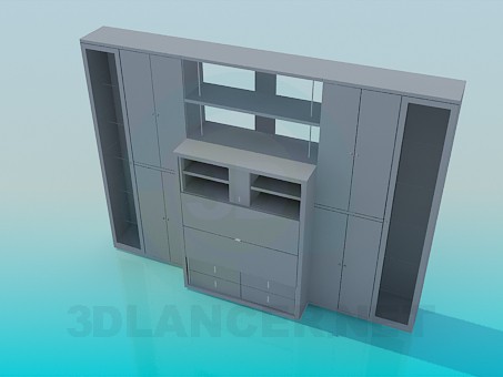 3d модель Шафа-стінка з вузькими дверцями і секретером в центрі – превью 3d модель Шафа-стінка з вузькими дверцями і секретером в центрі – превью