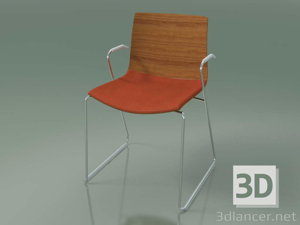 modèle 3D Chaise 0454 (sur un toboggan avec accoudoirs, avec un oreiller sur le siège, effet teck) - preview