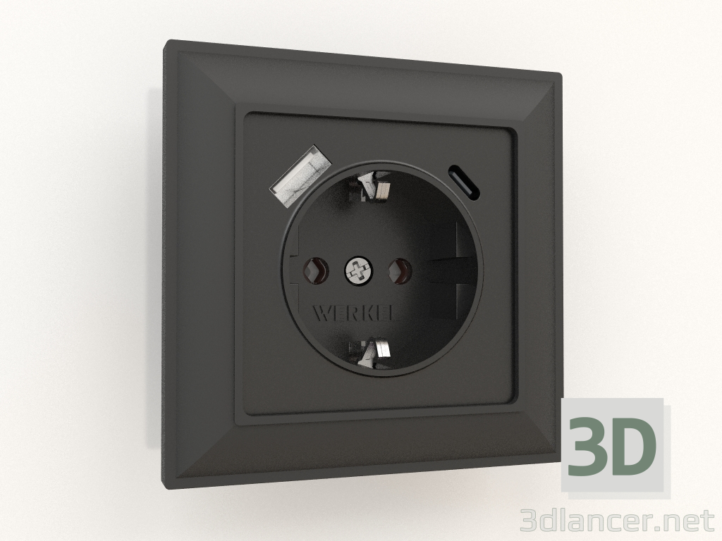 3D Modell Steckdose mit Schnelllade-USB Typ A + C (schwarz matt) - Vorschau