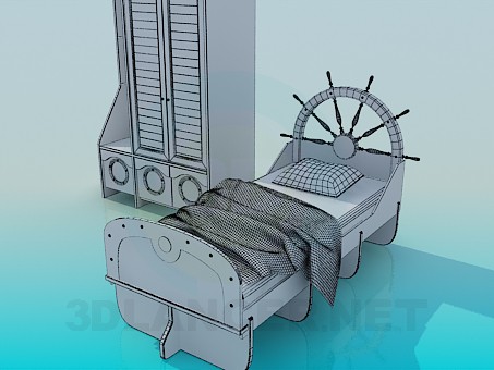 3d модель Односпальная кровать и шкаф – превью 3d модель Односпальная кровать и шкаф – превью