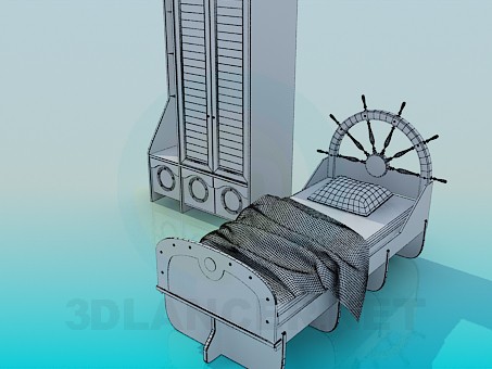3d модель Односпальная кровать и шкаф – превью 3d модель Односпальная кровать и шкаф – превью