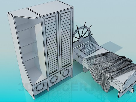 3d модель Односпальная кровать и шкаф – превью 3d модель Односпальная кровать и шкаф – превью