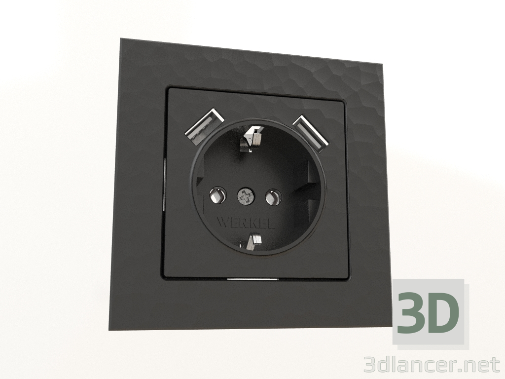 3D modeli Topraklı priz ve 2 USB tip A (çekiç siyahı) - önizleme