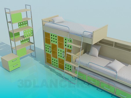 3d model Cama infantil de dos plantas con un estante - vista previa