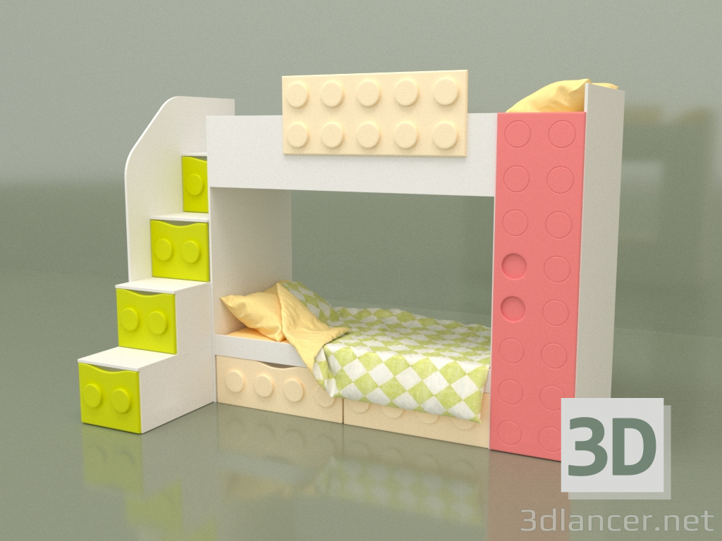 3D Modell Etagenbett für Kinder (2 Schubladen) links - Vorschau