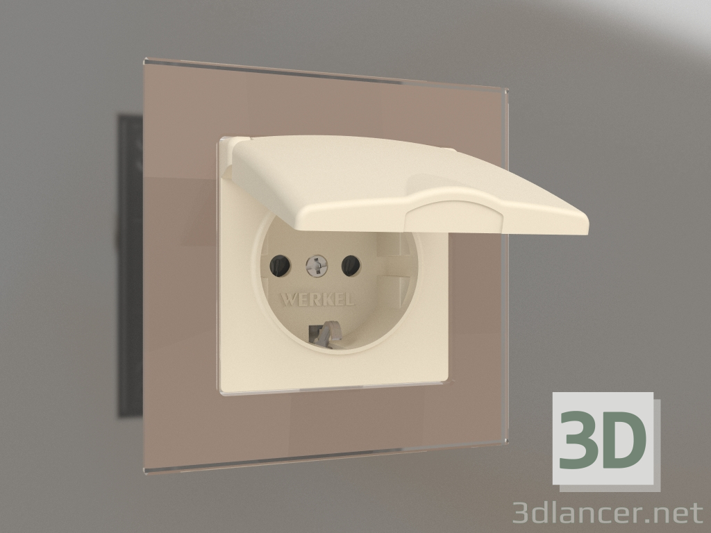 3d model Socket with moisture protection, with grounding, with a protective cover and shutters (ivory matte) - preview