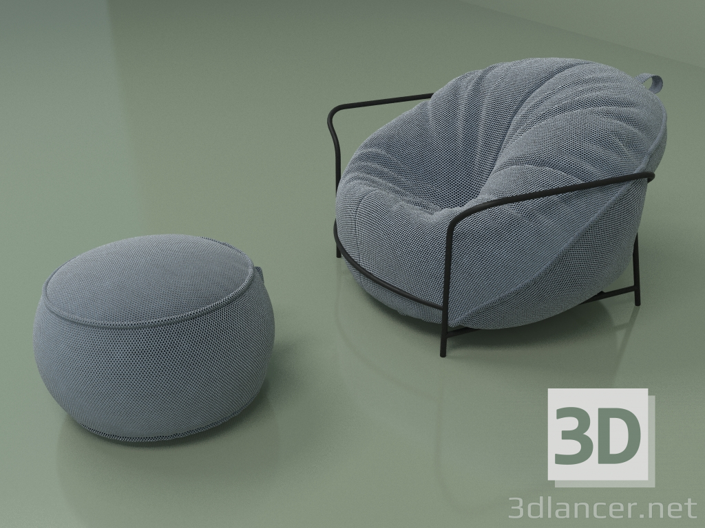modèle 3D Fauteuil Uni avec pouf (gris-bleu) - preview