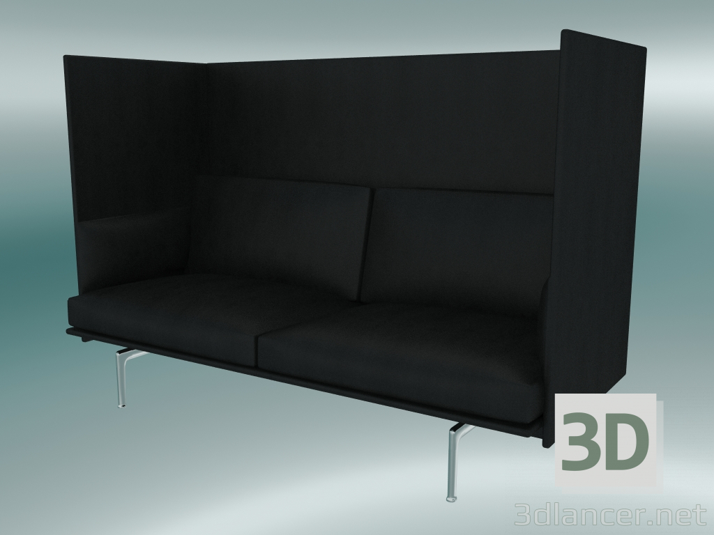modèle 3D Canapé double avec dossier haut (cuir noir raffiné, aluminium poli) - preview