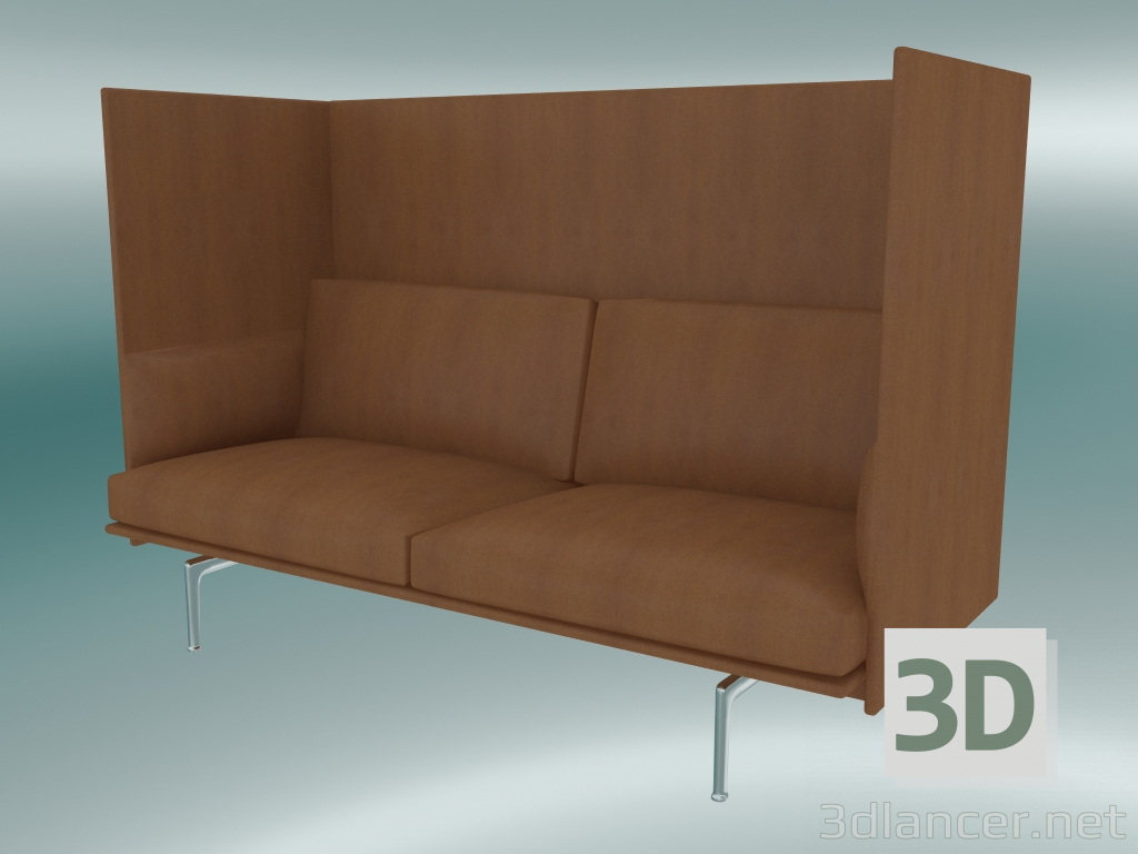 modèle 3D Canapé double avec dossier haut (cuir raffiné cognac, aluminium poli) - preview